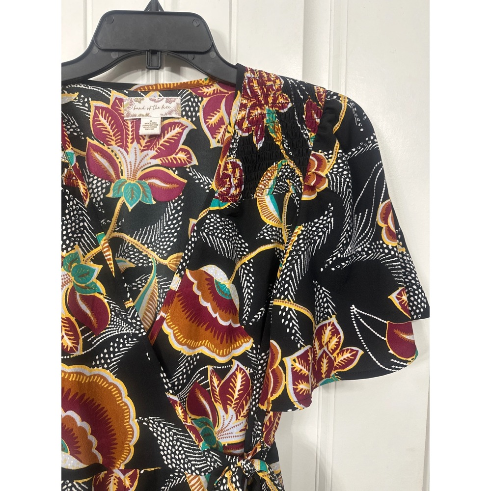 Band of the Free Floral Wrap Maxi Dress Black Short Flutter Sleeve Ruffle Hem S - Picture 3 of 8